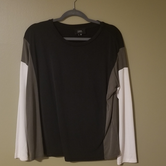 Anthropologie COA Color Block Black White Olive Green Long Sleeve Casual Top - Picture 6 of 8